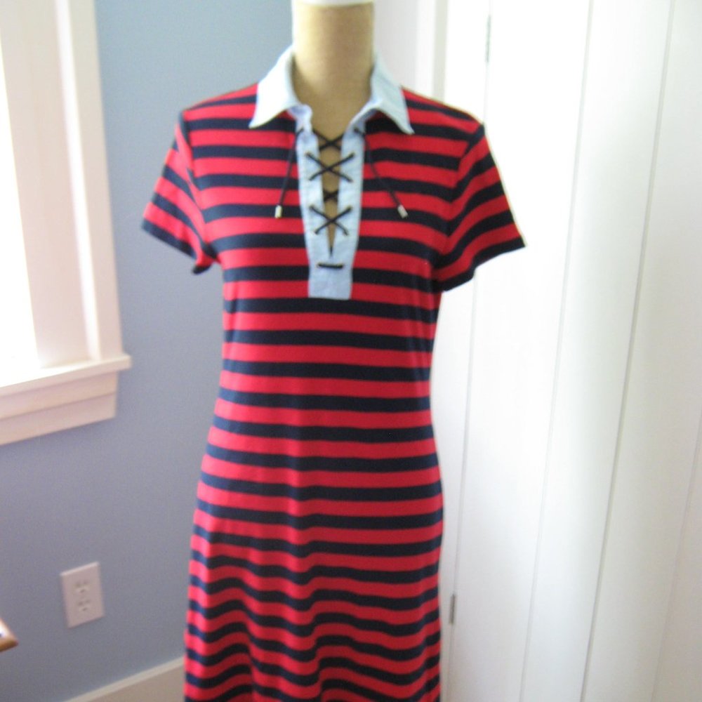 Chaps Red and Navy Striped T-shirt Dress